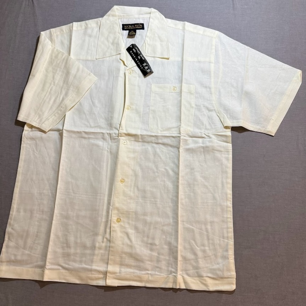 Rich & Rich Linen Shirt Adult 2XL Yellow Button Up Short Sleeve Casual‎ Mens.
